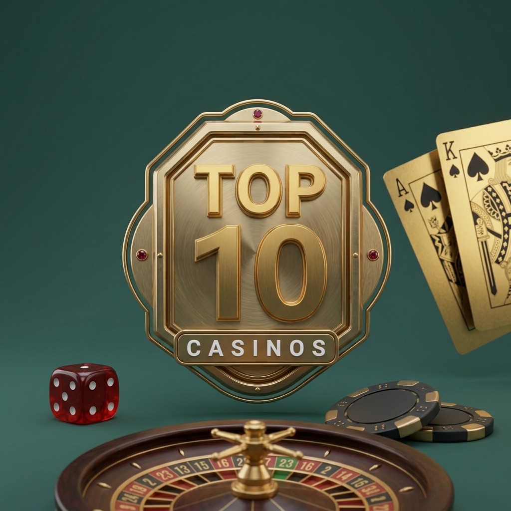 Gold Top 10 casinos badge with playing cards, a red die, chips and a roulette wheel
